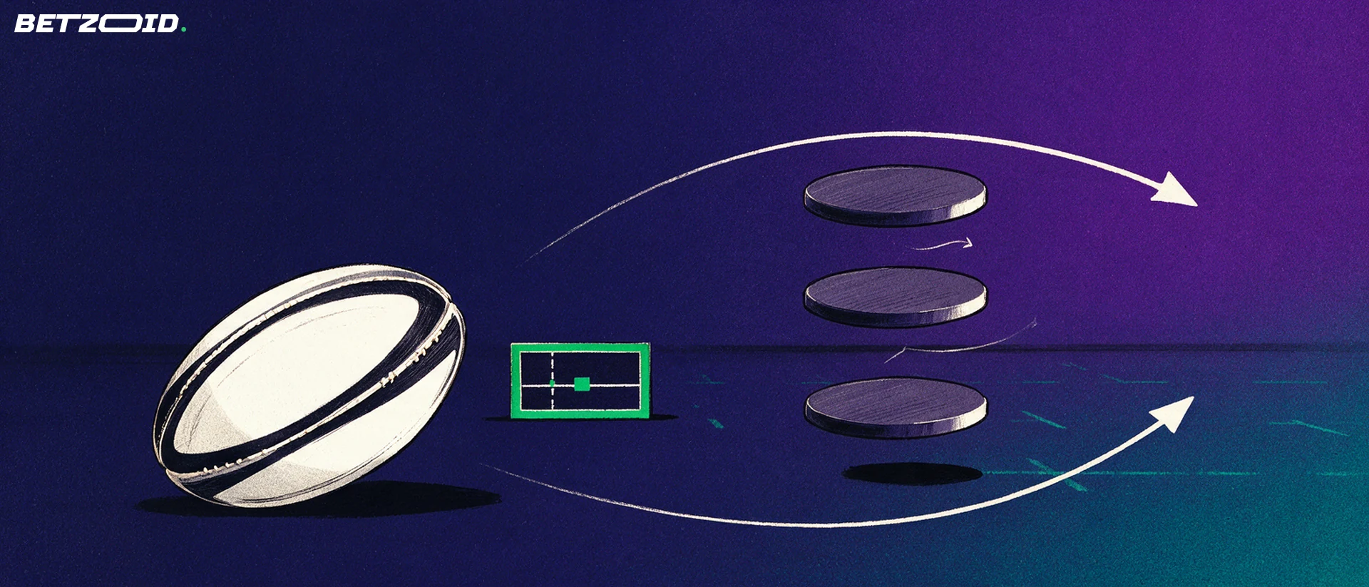 A rugby ball and a small field diagram with an open passing channel.