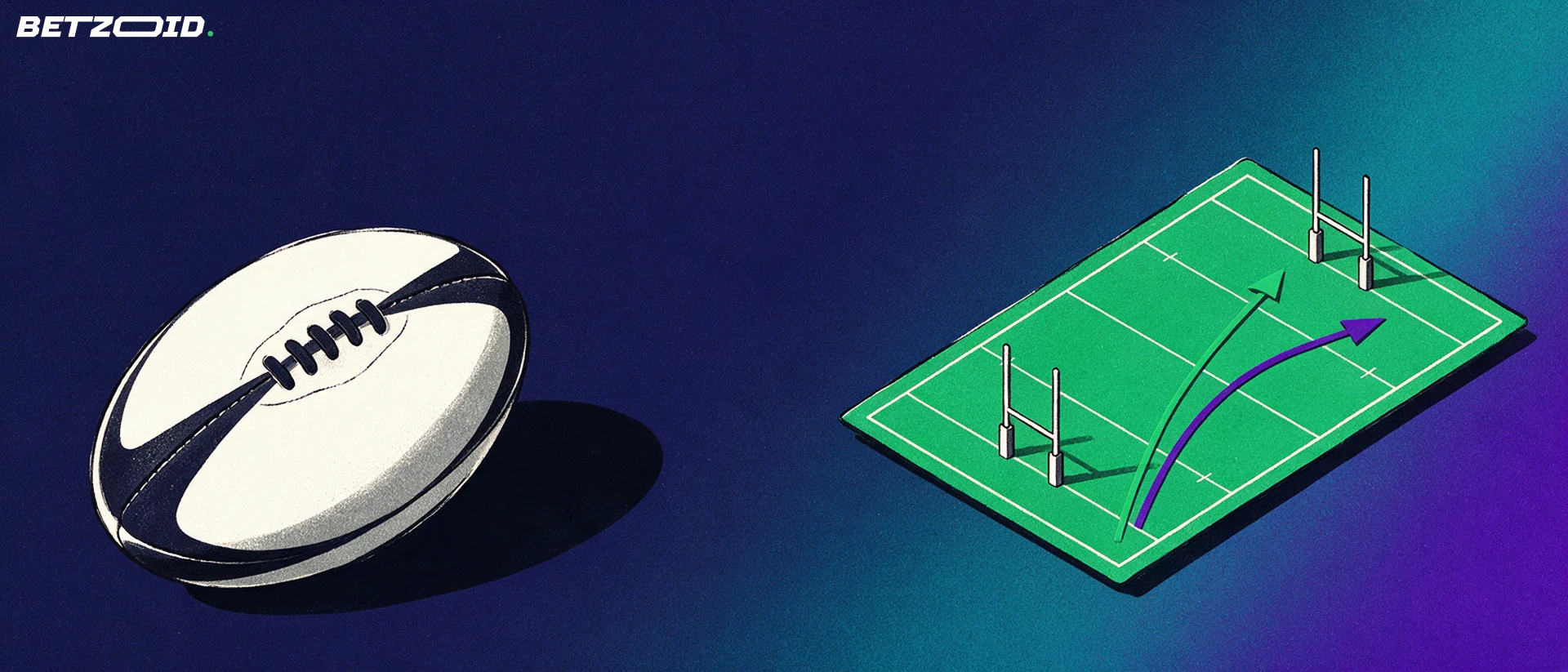 A rugby ball beside a field diagram with two possible running routes.