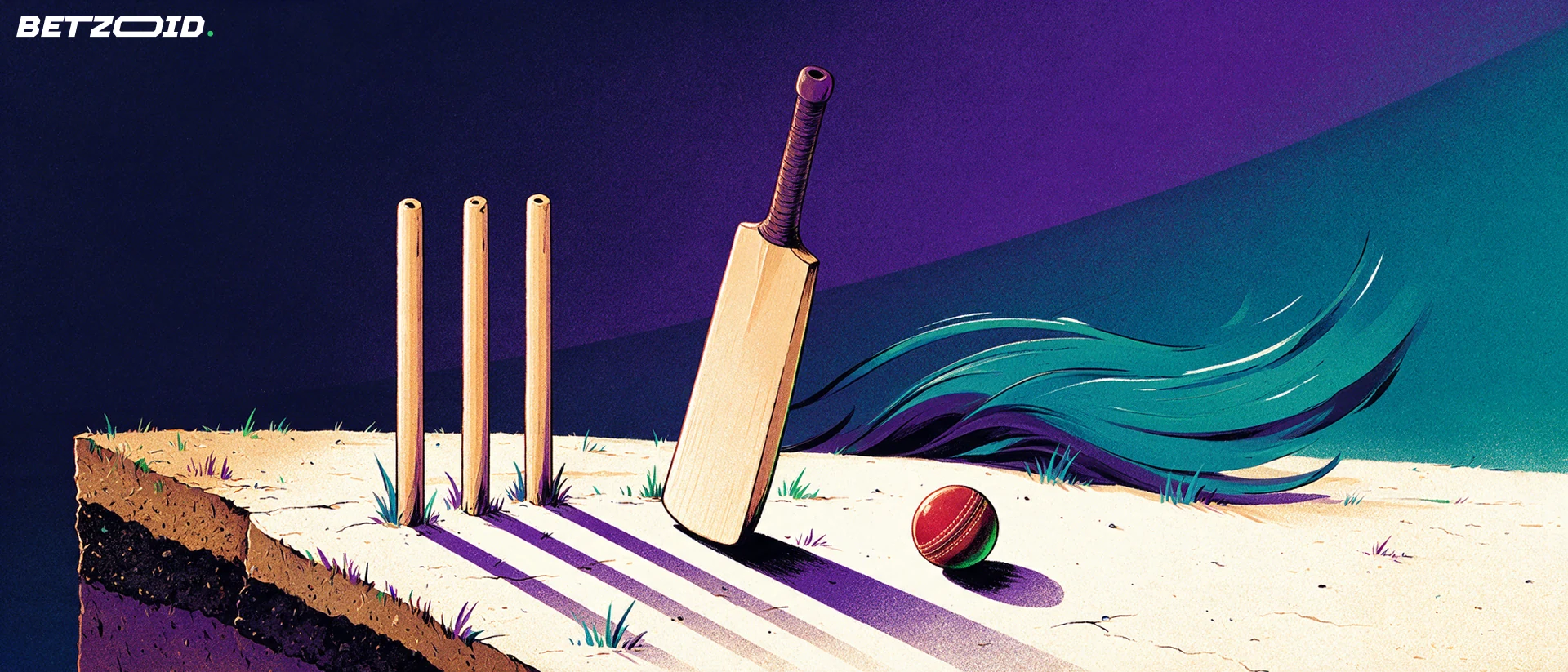 A cricket bat, ball and wicket beside a cutaway of a dry pitch.