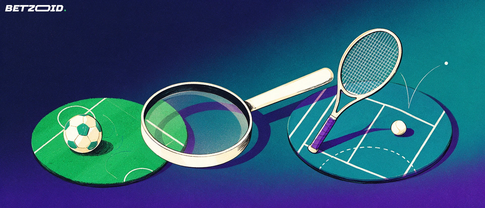 A football and tennis racket on two small playing surfaces linked by a magnifying lens.