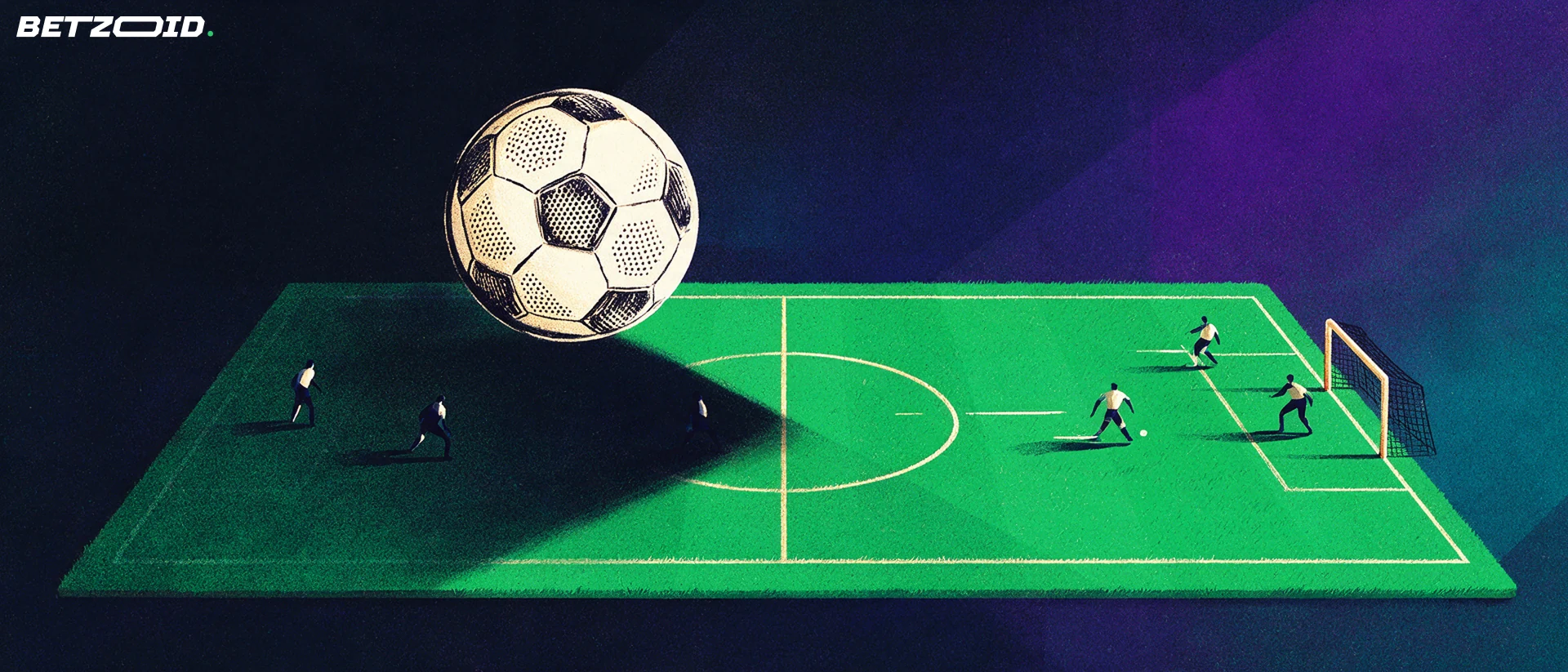 A football beside a pitch diagram showing attacking and defensive space.