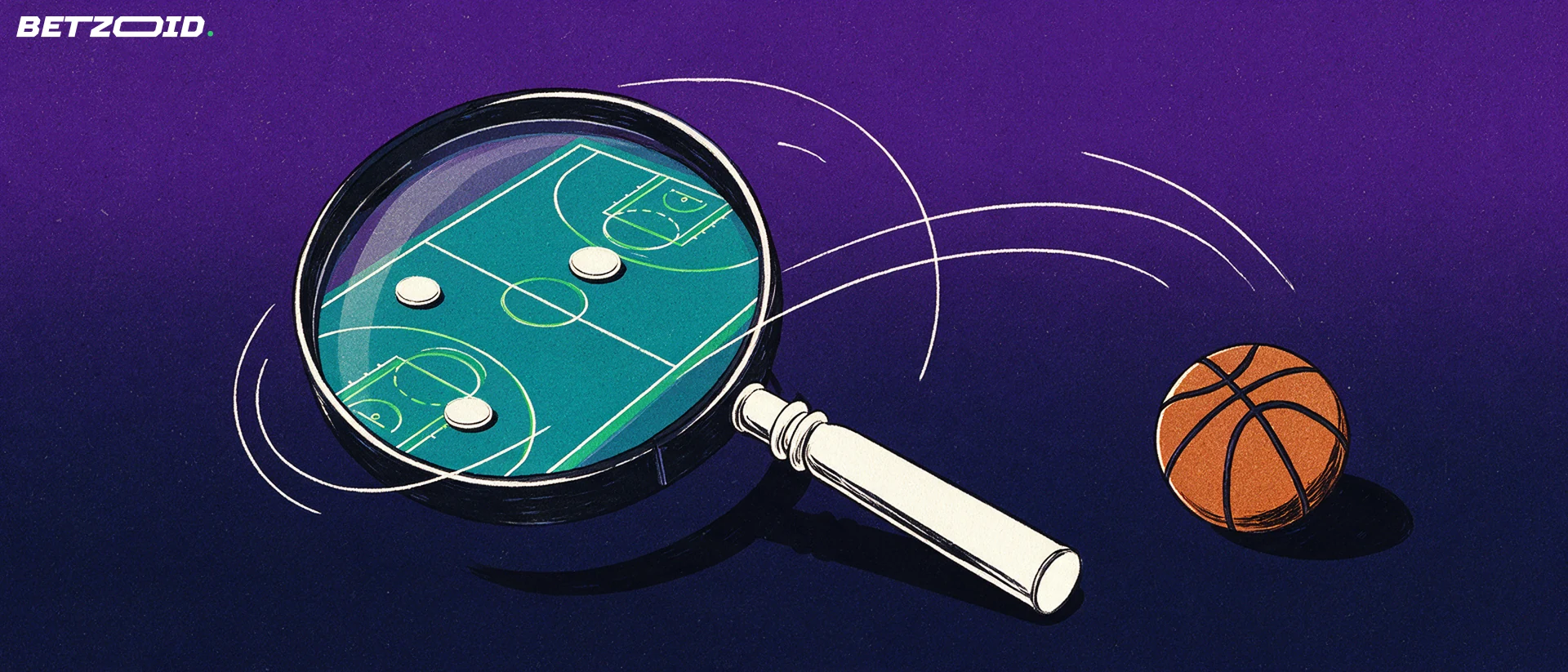 A basketball and a magnifying glass examining a simple defensive formation.