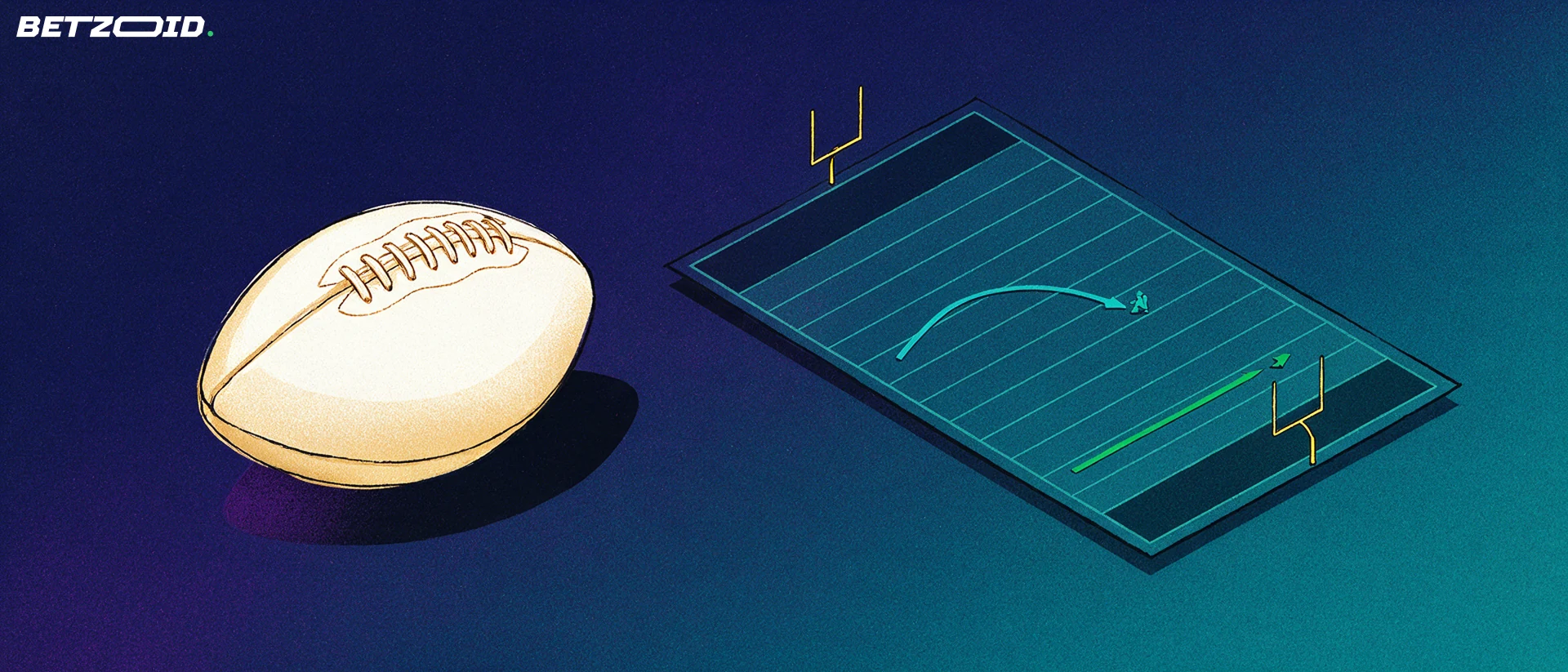 An American football beside a complete field diagram with contrasting play routes.