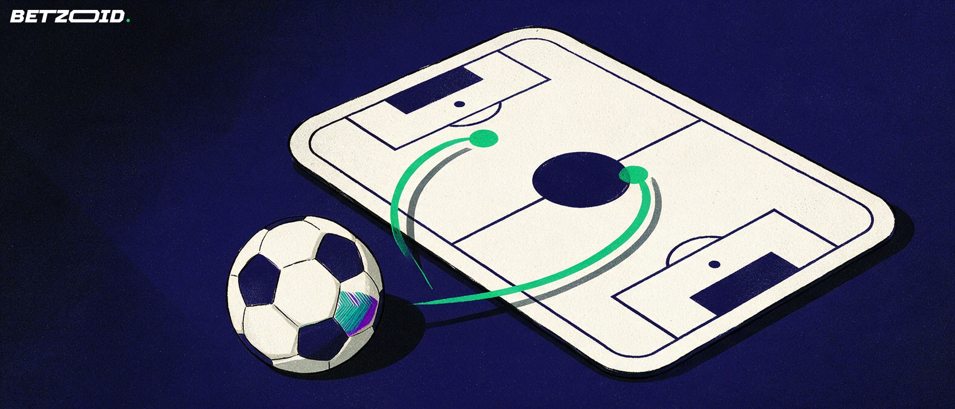 Una pelota y recorridos de pase sobre una cancha de fútbol ilustrada.