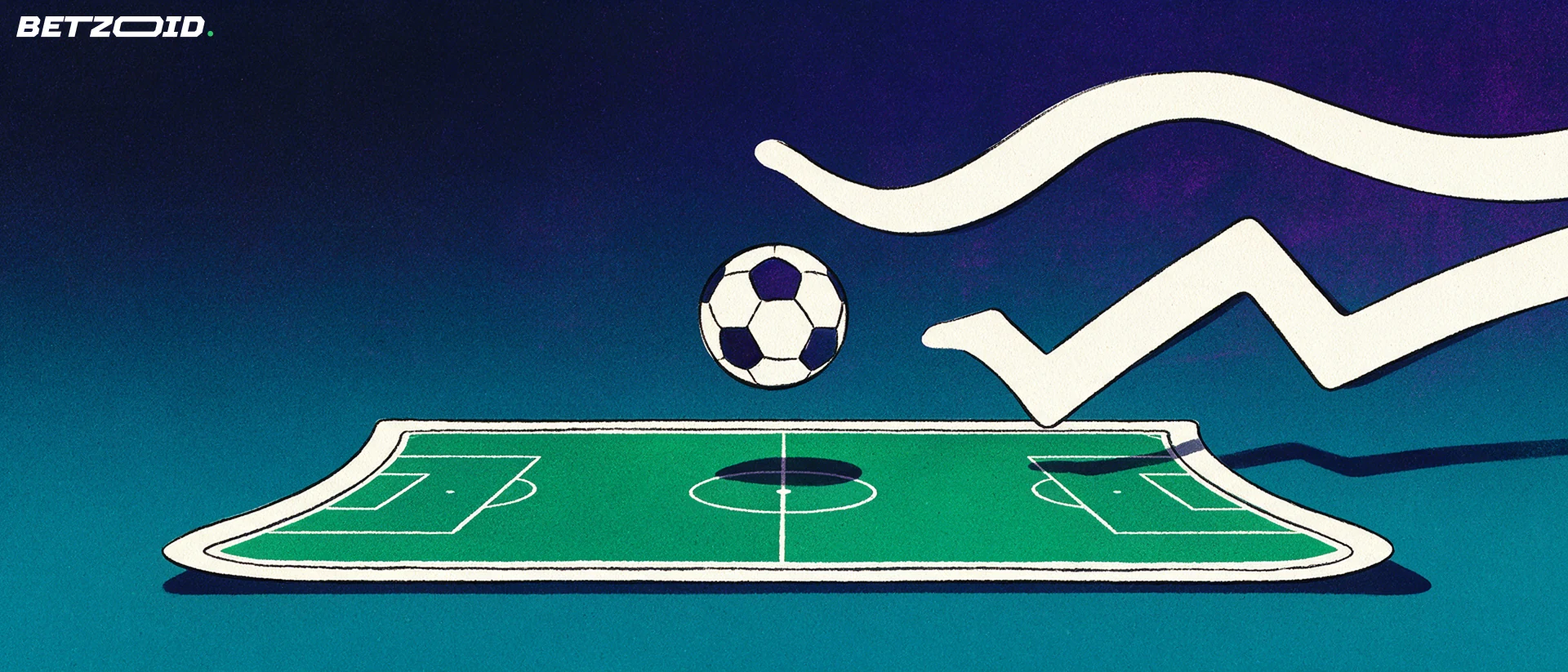 Un ballon et deux lignes de déplacement sur un terrain de football stylisé.
