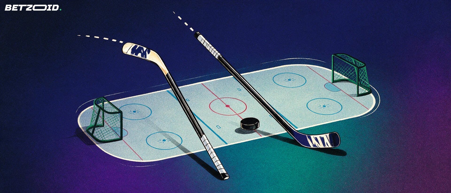 A hockey puck between two sticks above a complete rink diagram.