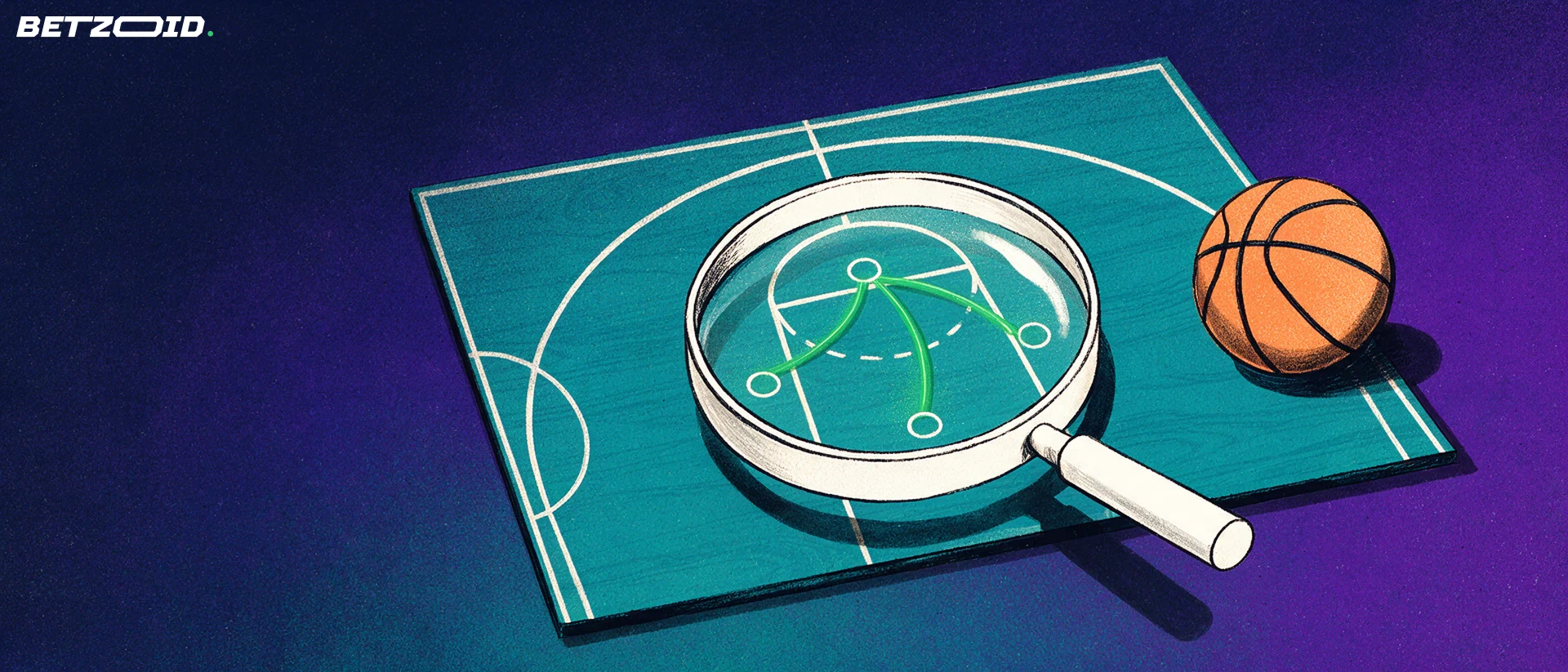 A basketball beside a magnifying lens examining passing options on a court.