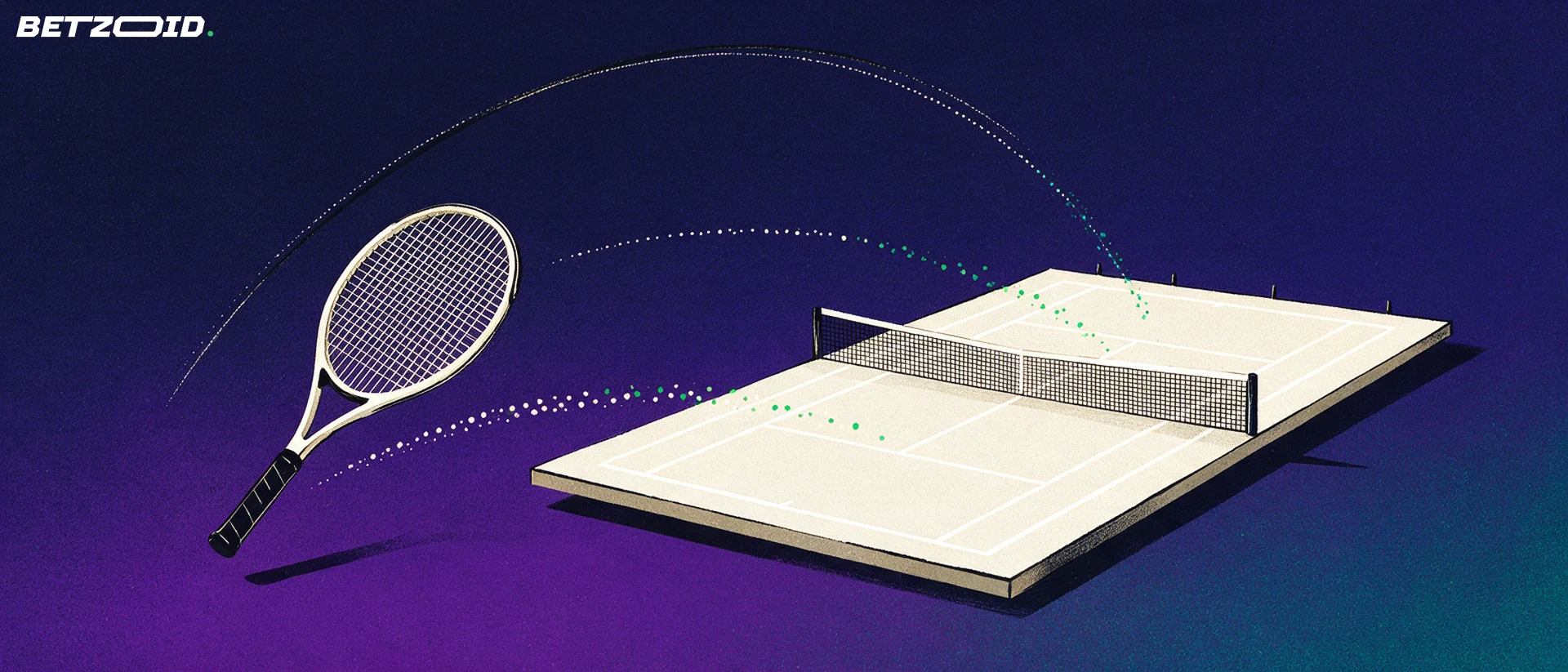 Una cancha de tenis y una raqueta muestran dos posibles trayectorias de pelota.