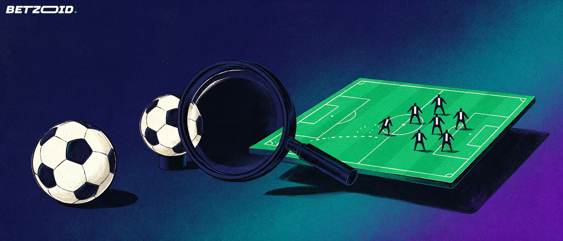 Un balón y una lupa sobre posiciones defensivas en un campo de fútbol.