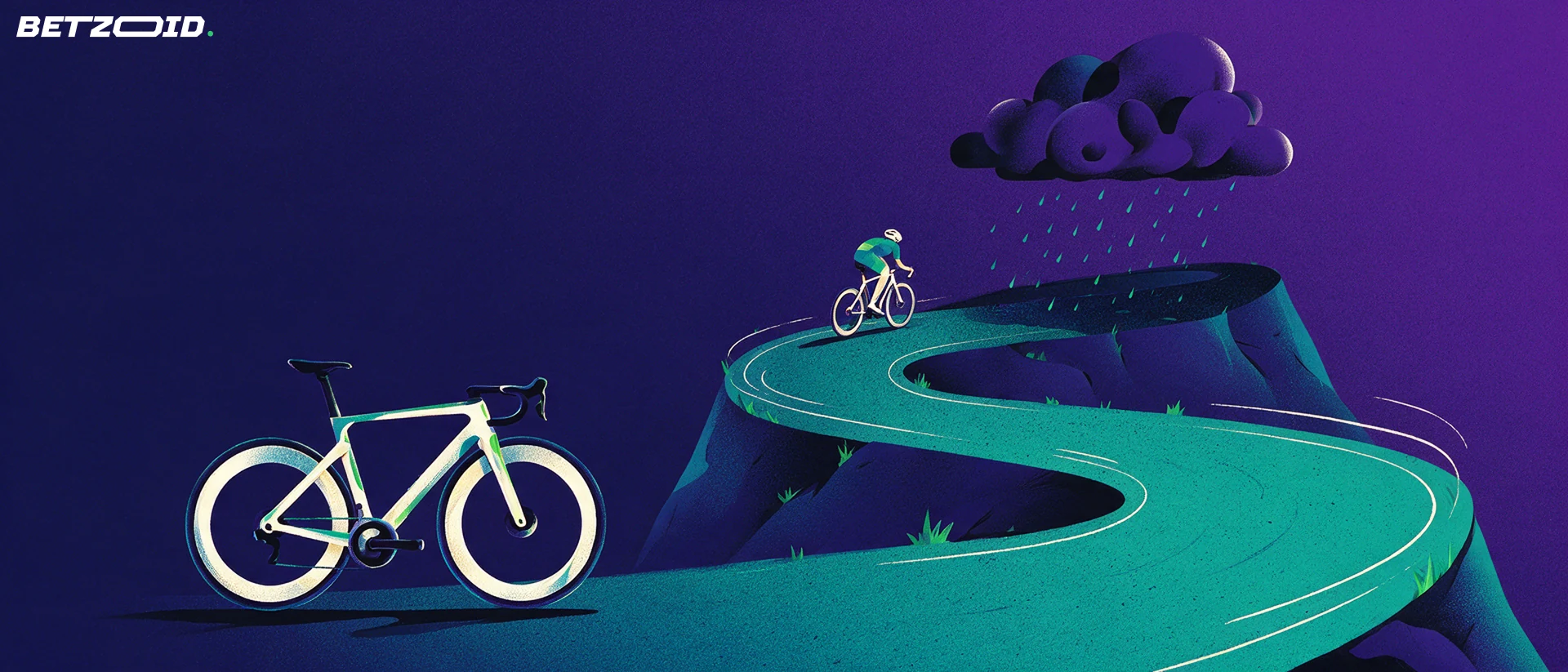 Una bicicleta de ruta y una curva de montaña bajo un símbolo de lluvia.