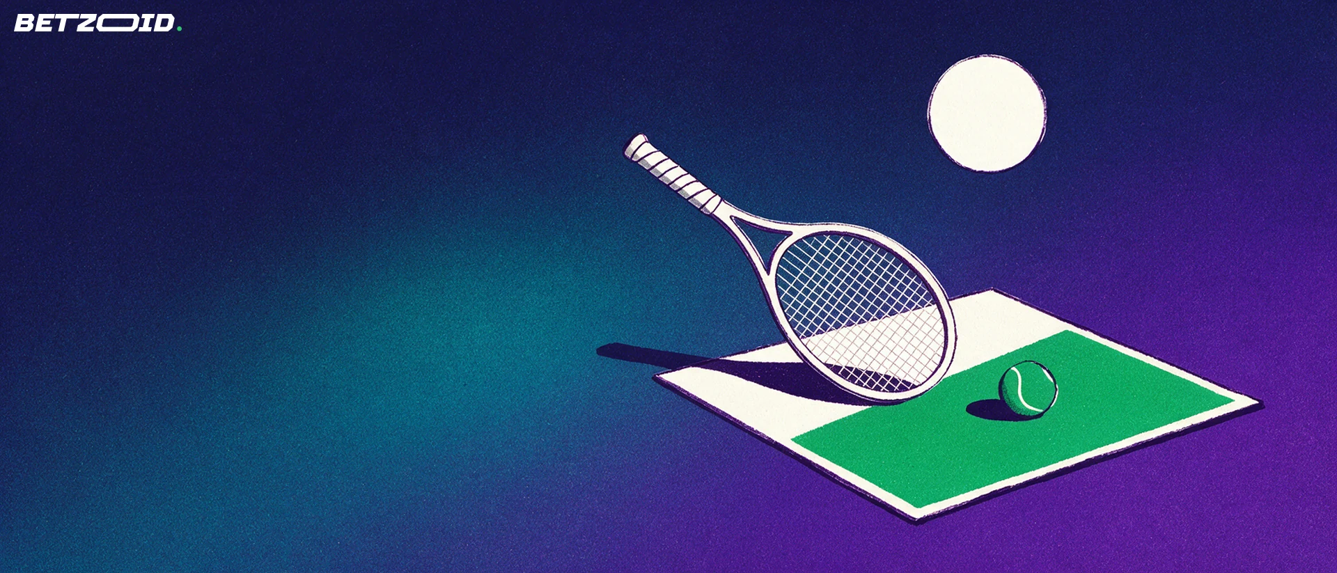 En tennisketsjer, en bold og en lille bane med sol og skygge.