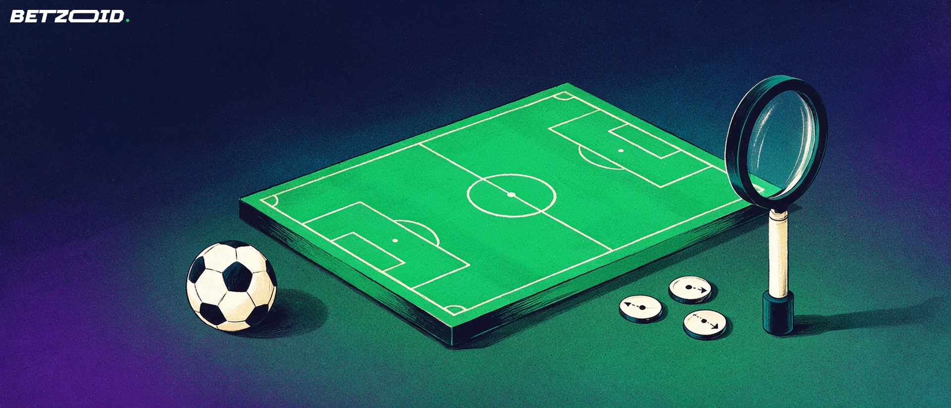 Futball-labda és nagyító egy pályán kirakott védekező alakzat mellett.