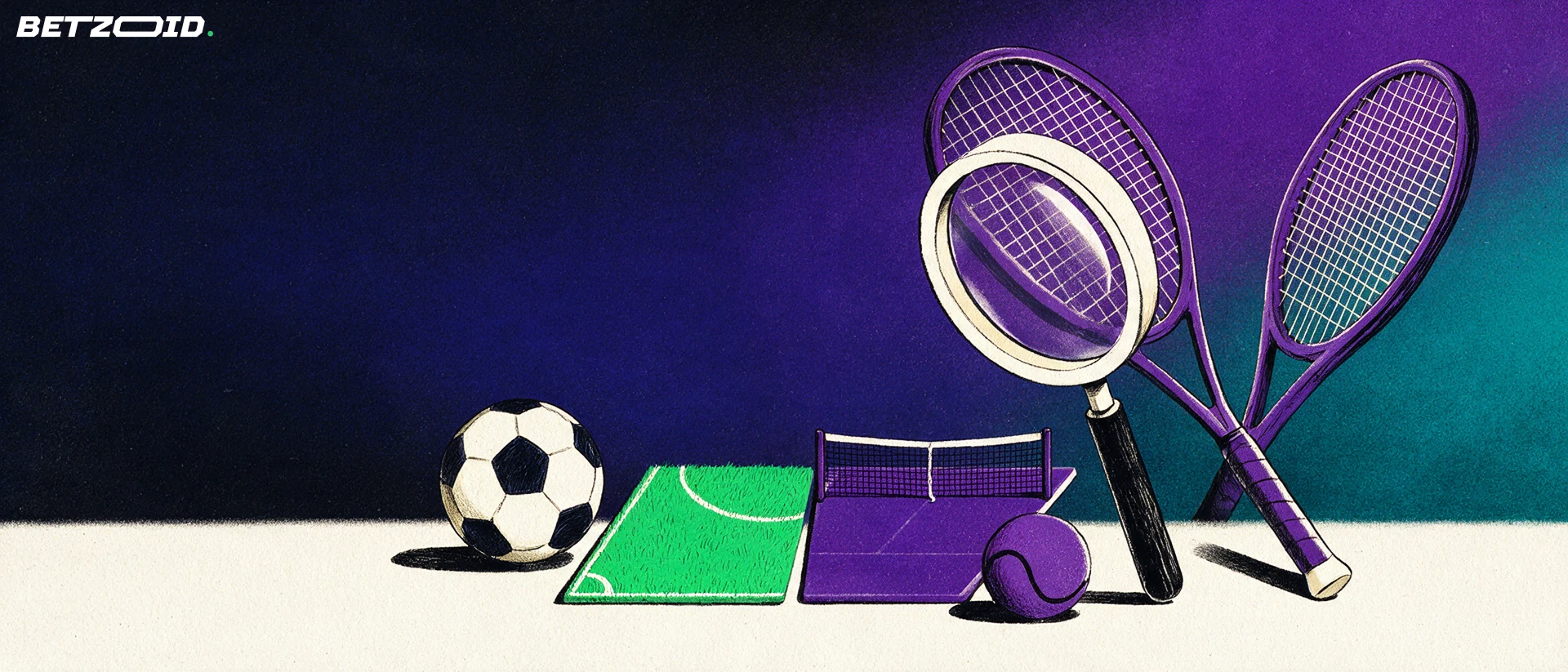 サッカーボールとテニスラケットを、二つの小さな競技場とともに描いたイラスト。