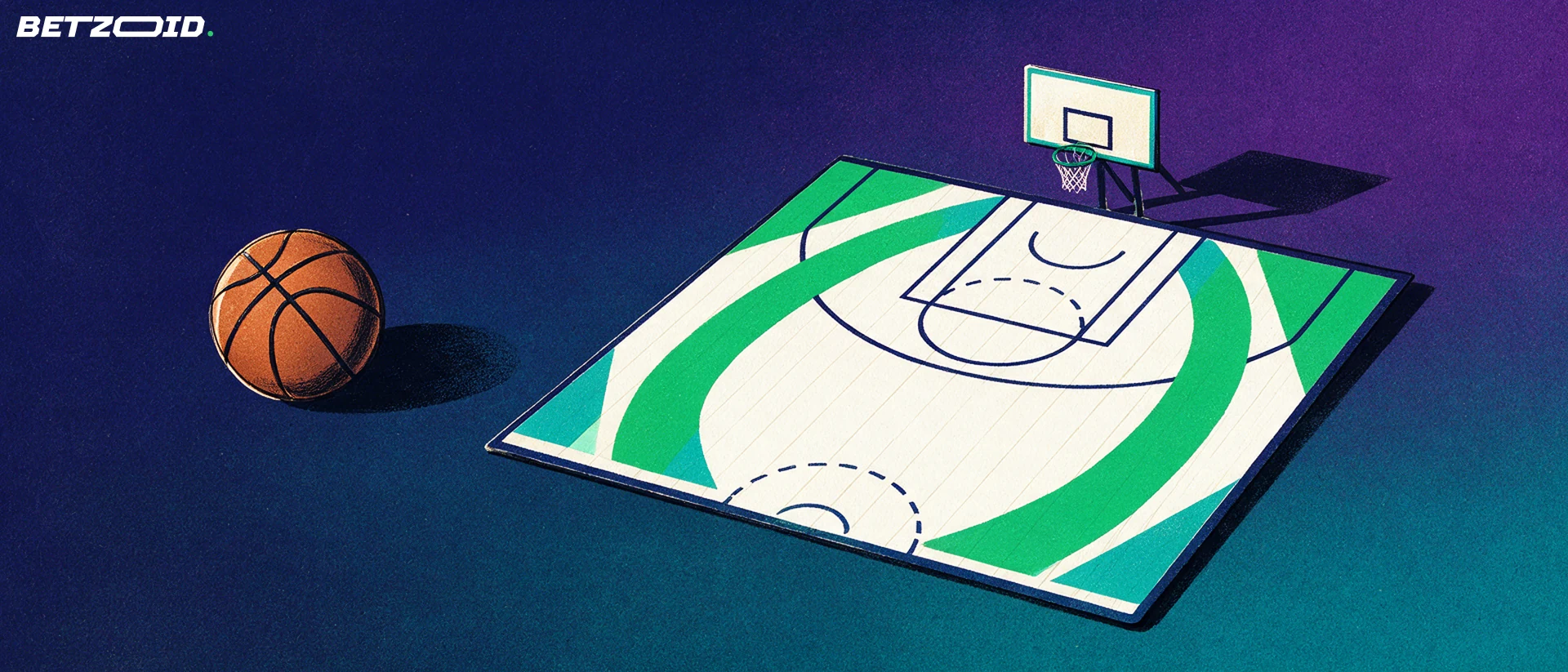 Basketbola bumba un piespēļu virzieni nelielā laukuma shēmā.