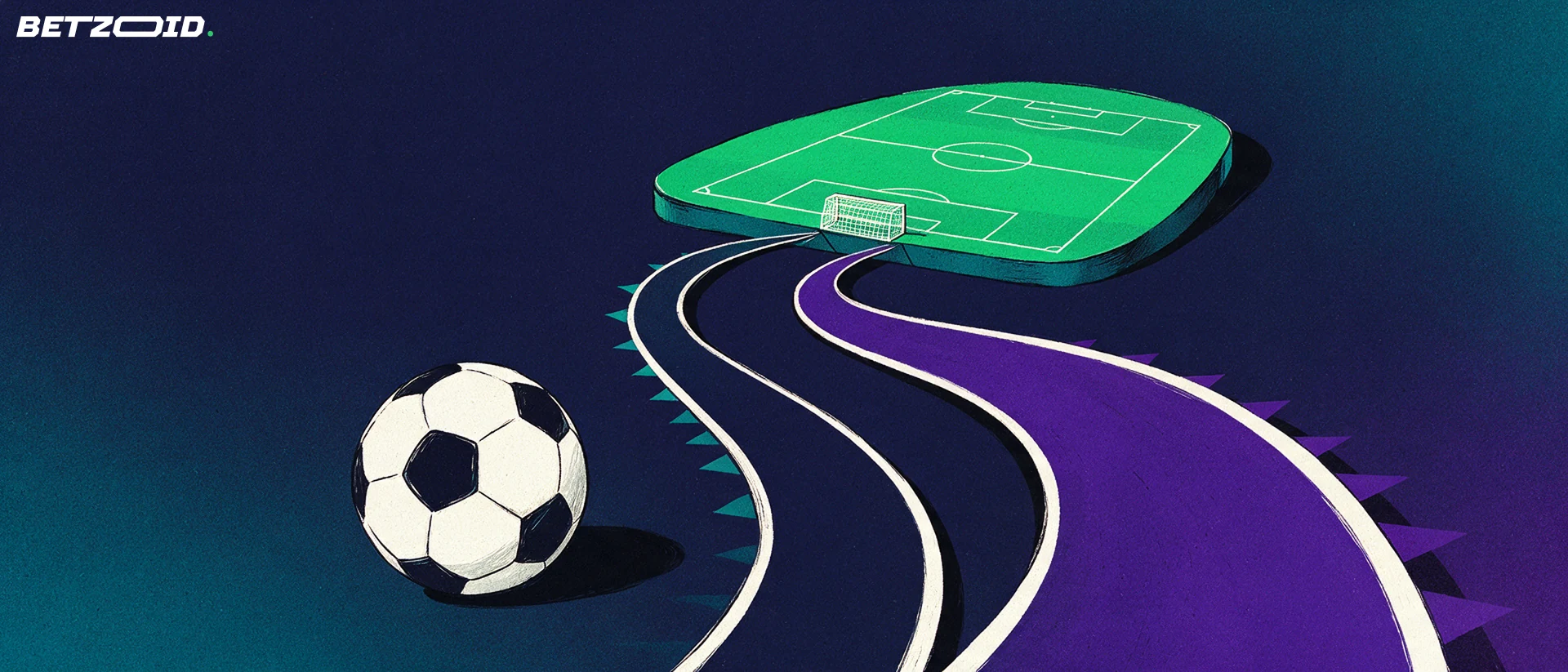 Un balón y dos recorridos de ataque sobre una cancha de fútbol pequeña.