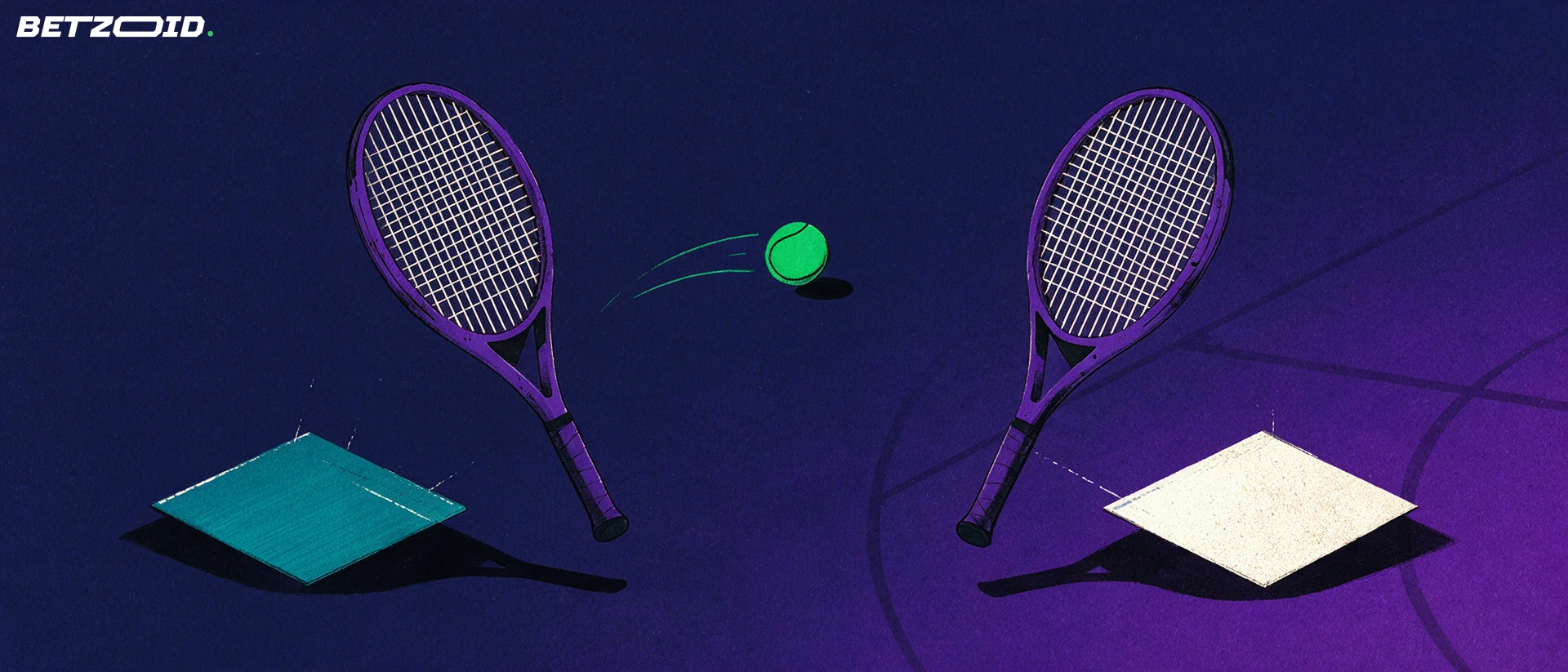 Dos raquetas y una pelota sobre superficies de tenis contrastantes.