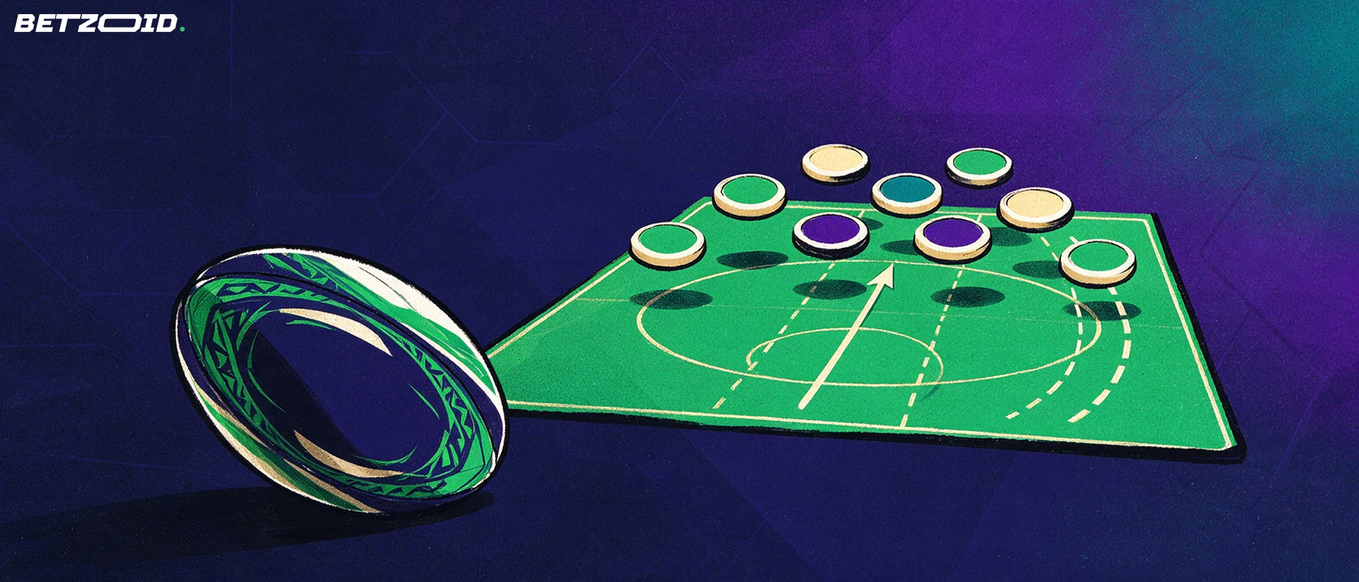 A rugby ball beside a pitch with two contrasting attacking channels.