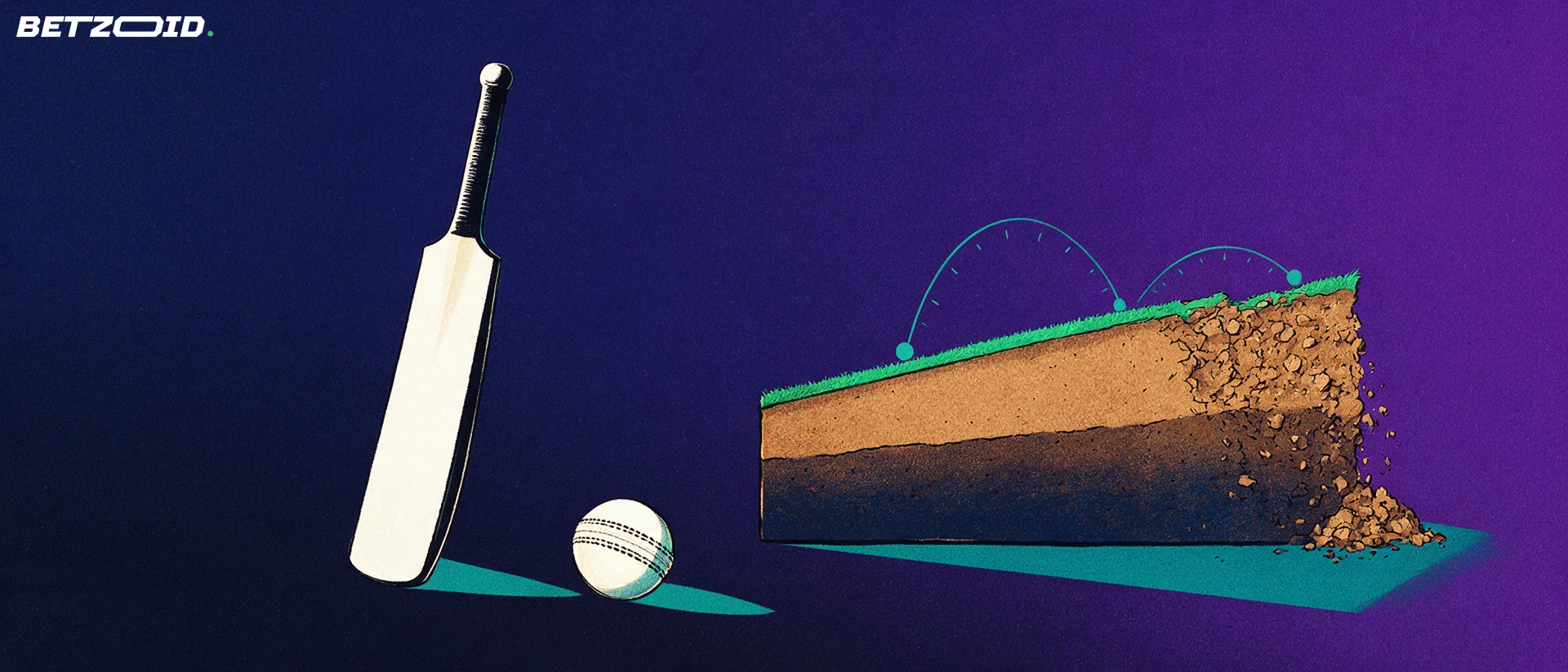 A cricket ball and bat beside a pitch slice showing two possible bounce paths.