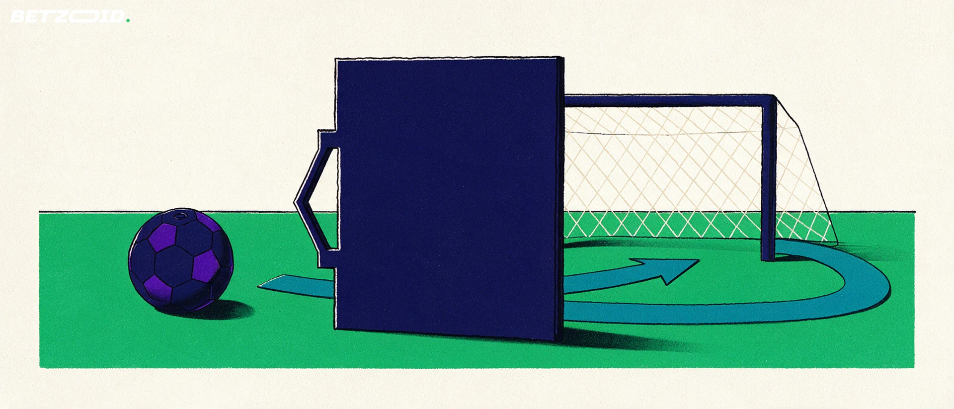 Illustration of a football pitch, ball and tactical analysis.