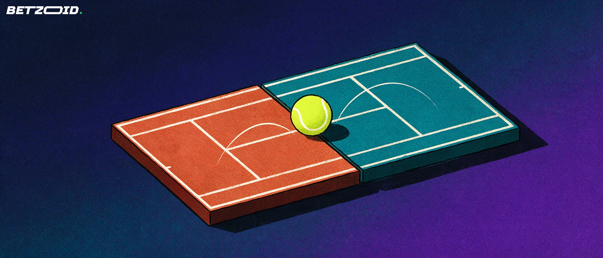 Ein Tennisball zwischen zwei kleinen Spielfeldflächen mit unterschiedlichem Belag.