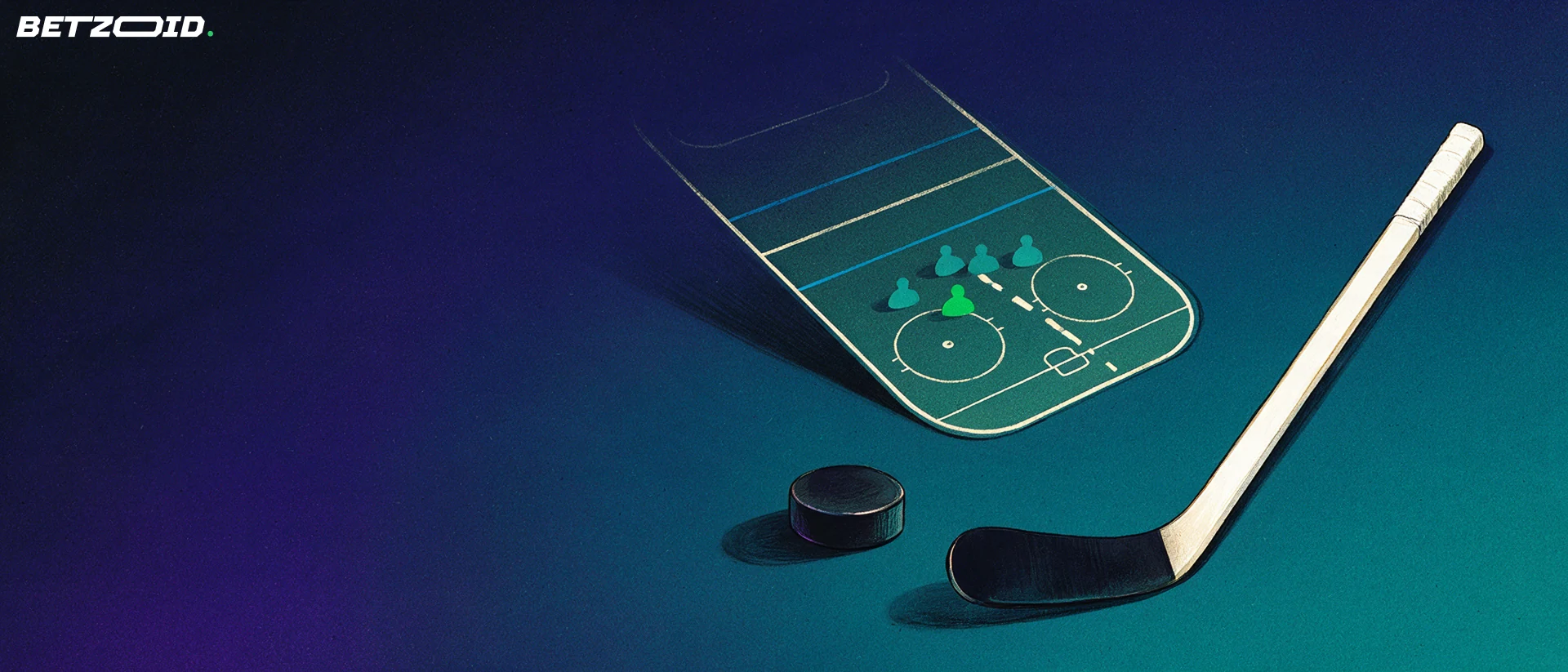 Ein Puck und ein Eishockeyschläger neben einer schematischen Abwehrformation.