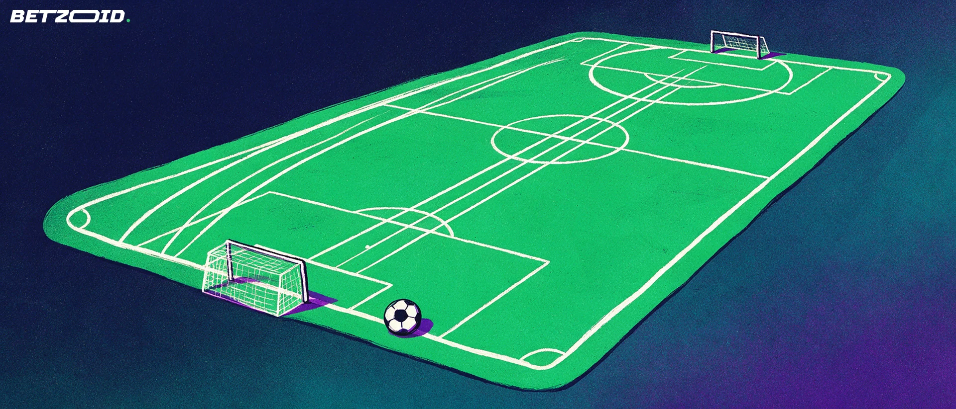 Een voetbal naast een veld waarop twee verschillende aanvalsroutes zichtbaar zijn.