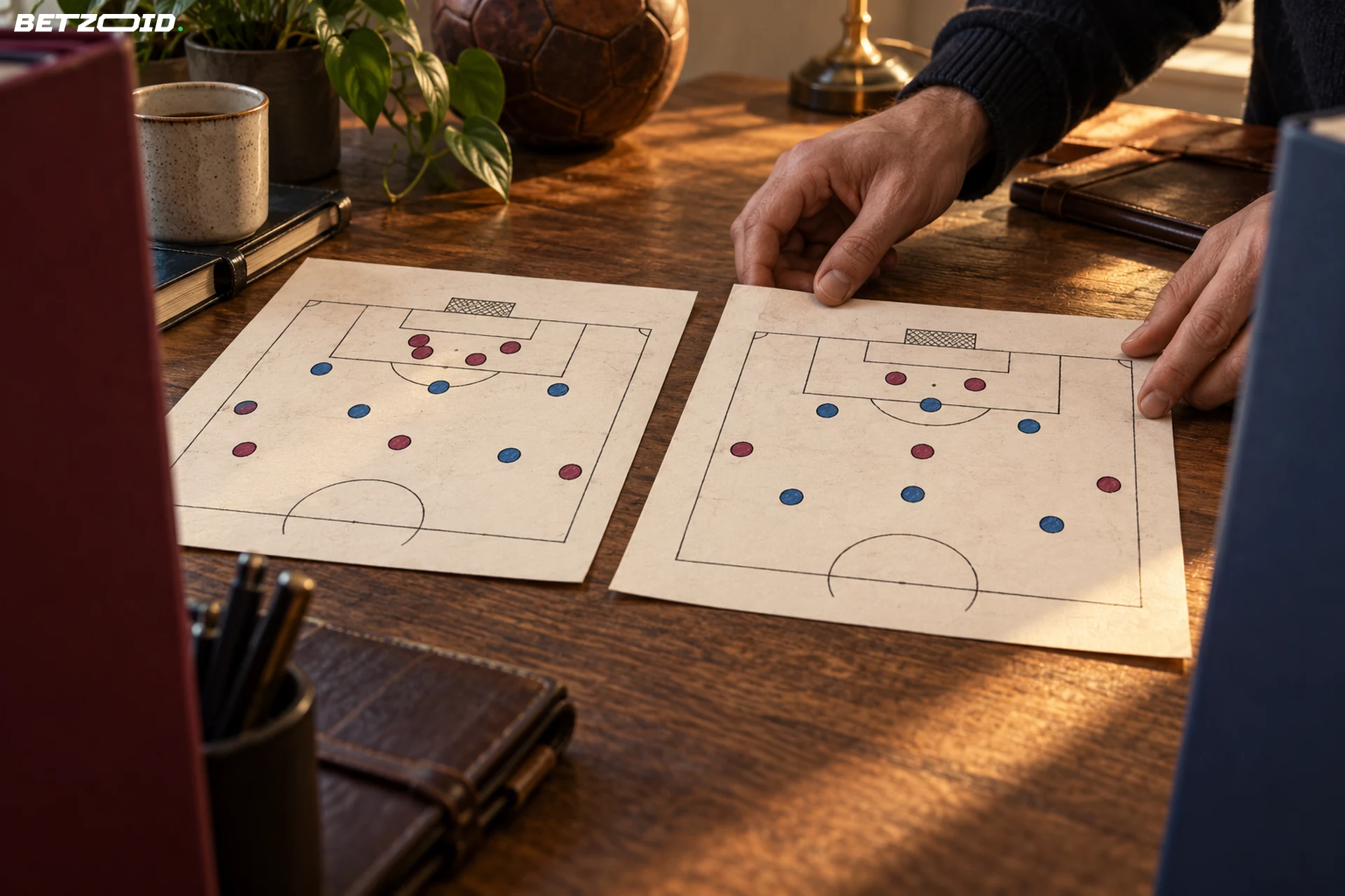 Deux schémas de terrain comparés à la main sur un bureau en bois.