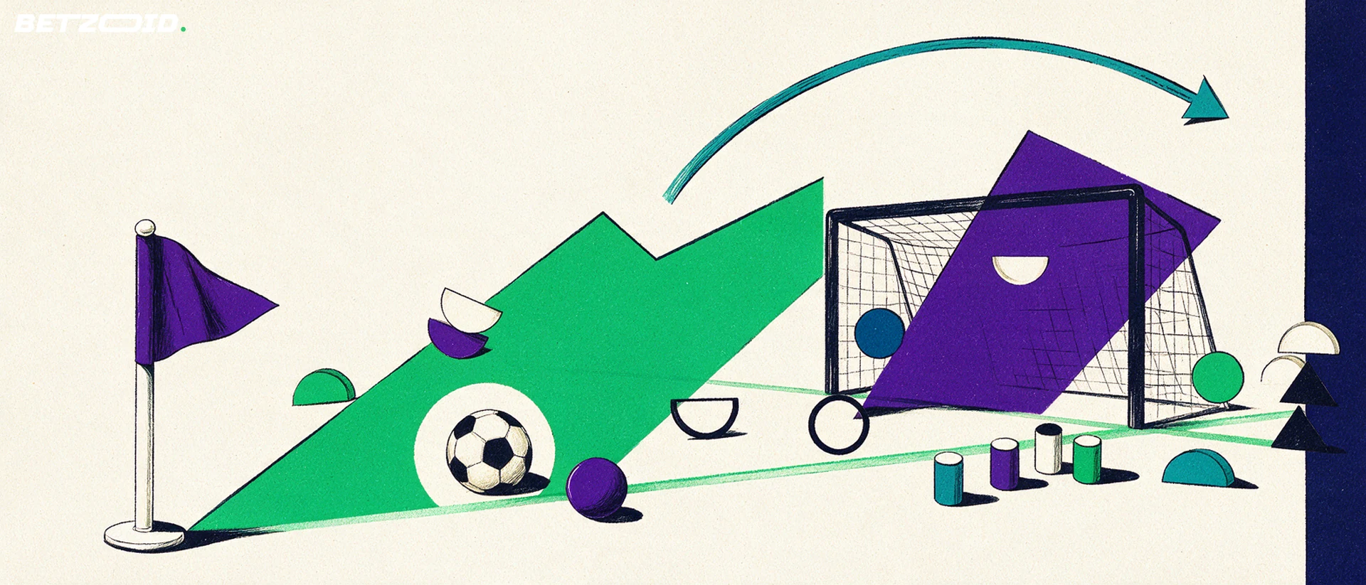 Illustration eines Fußballfelds mit Ball und taktischen Elementen.