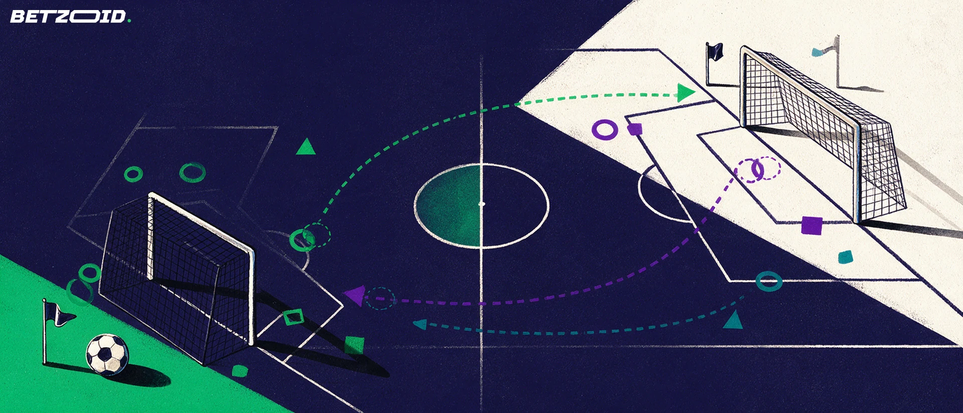 Illustration eines Fußballfelds mit Ball und taktischen Elementen.