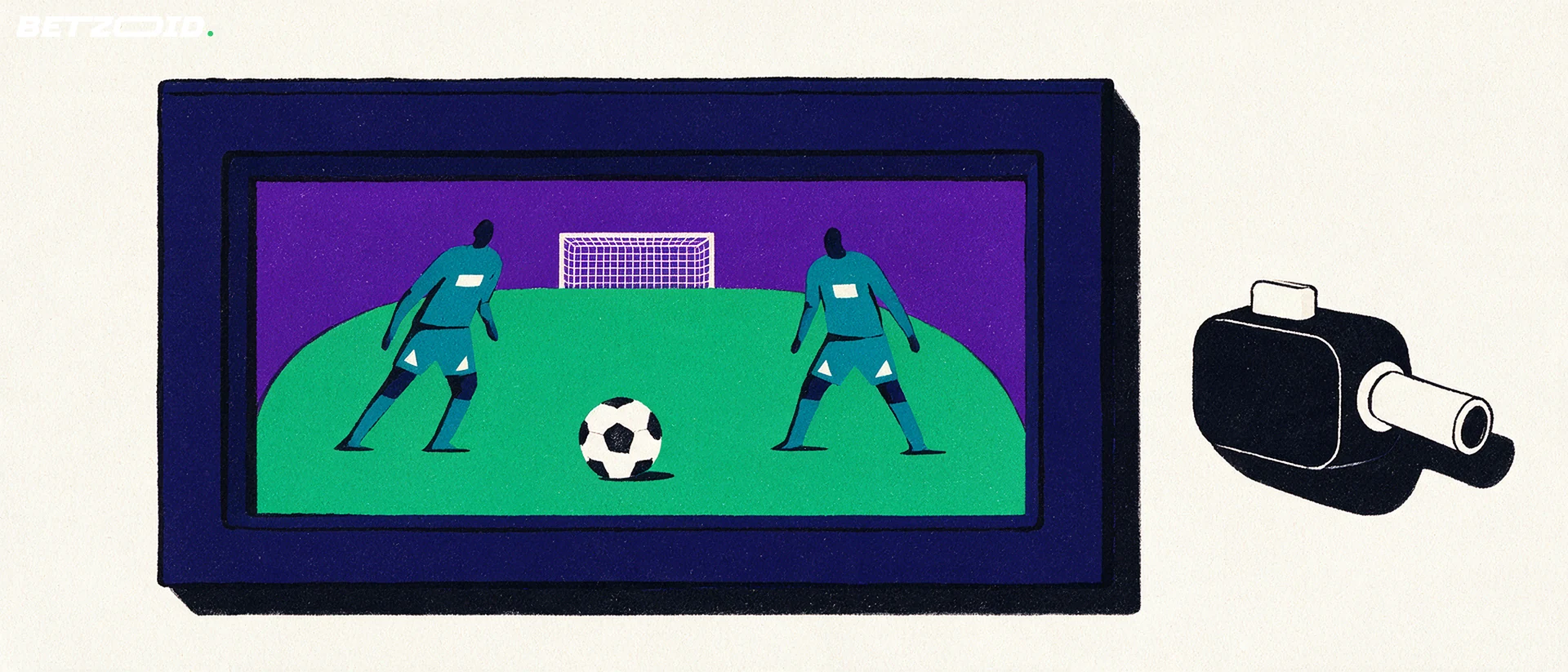 Illustratie van een voetbalveld, bal en tactische analyse.