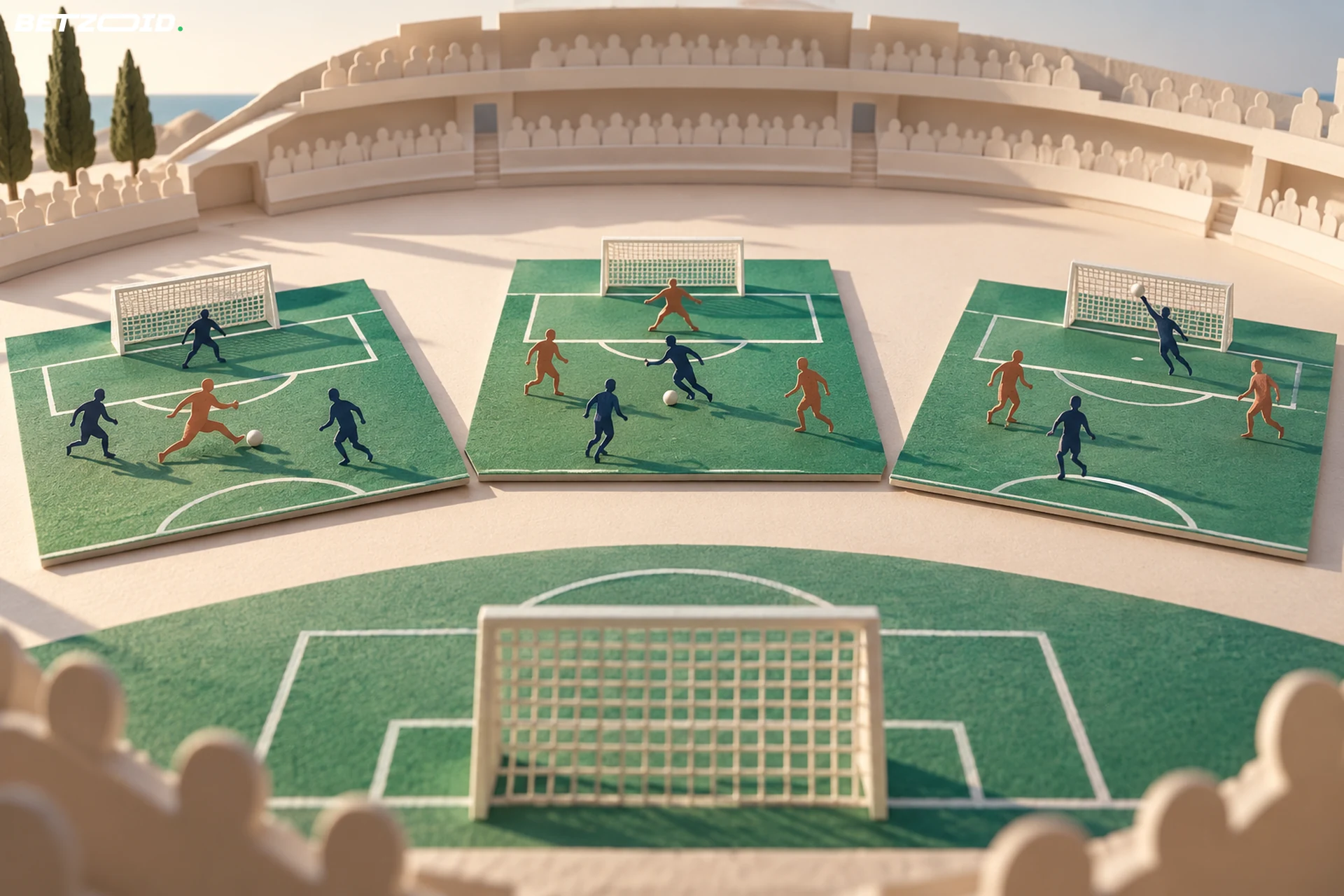 Maqueta de papel con tres paneles de jugadas distintas frente a una portería en primer plano.