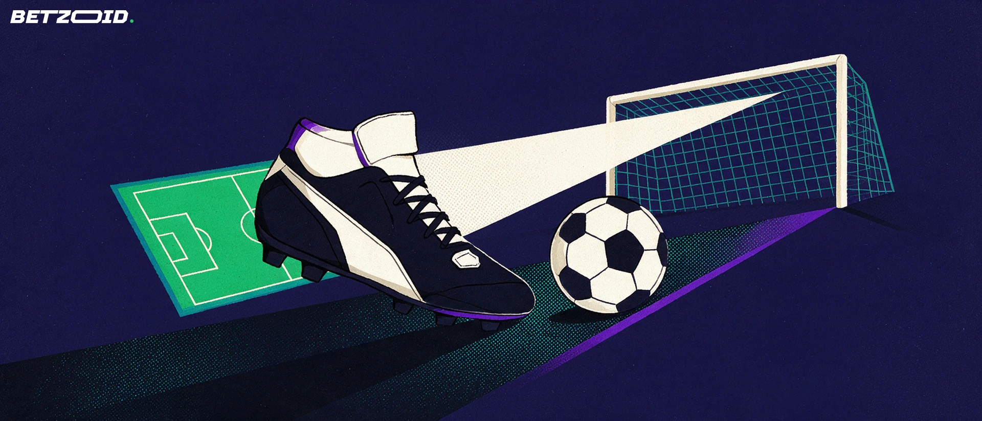 Ilustración de un campo, un balón y el análisis táctico del fútbol.