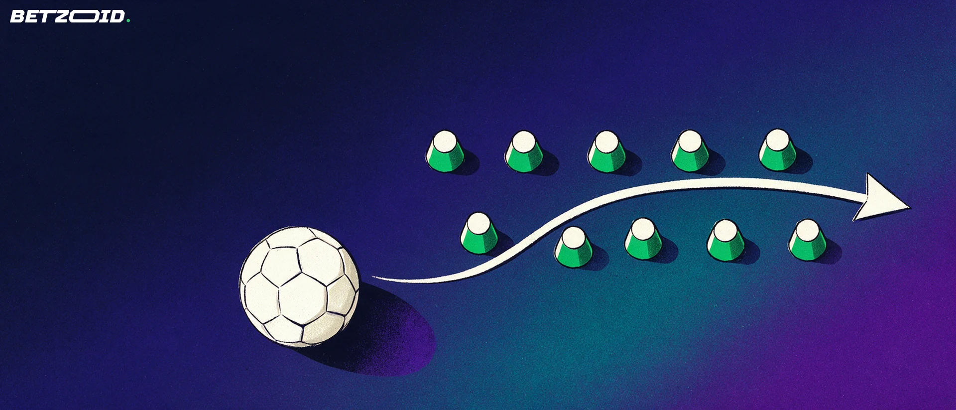 Cones de treino e bola com linhas de passe.