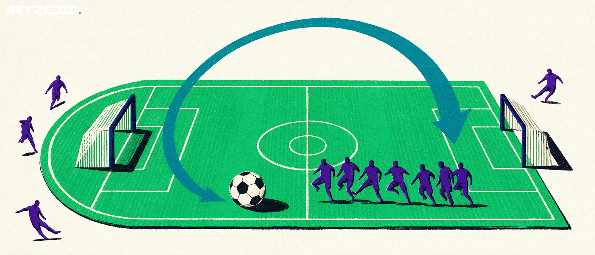Ilustração de um campo, uma bola e elementos de análise tática.