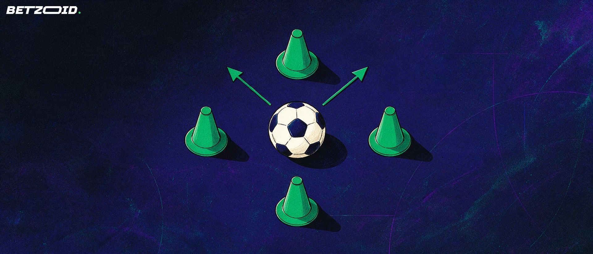 Trainingshütchen und Ball mit angedeuteten Passwegen.