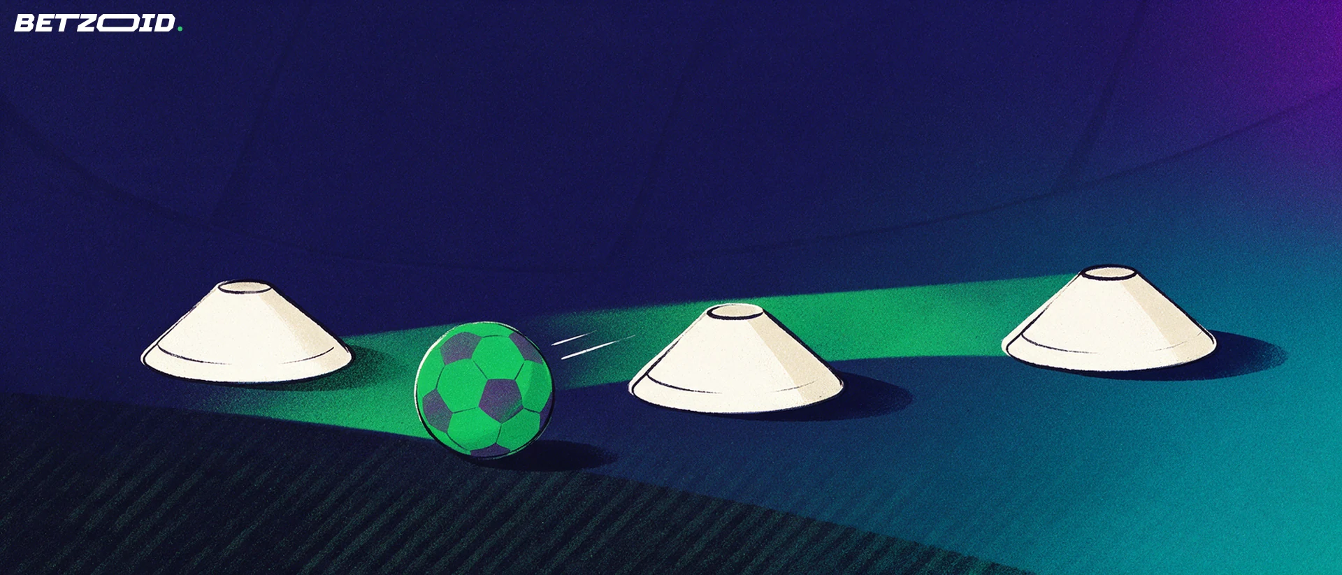 Cones de treino e bola com linhas de passe.