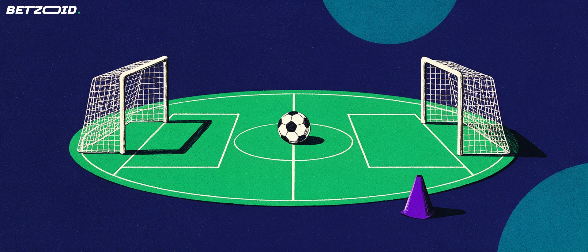 Ilustração de um campo, uma bola e elementos de análise tática.