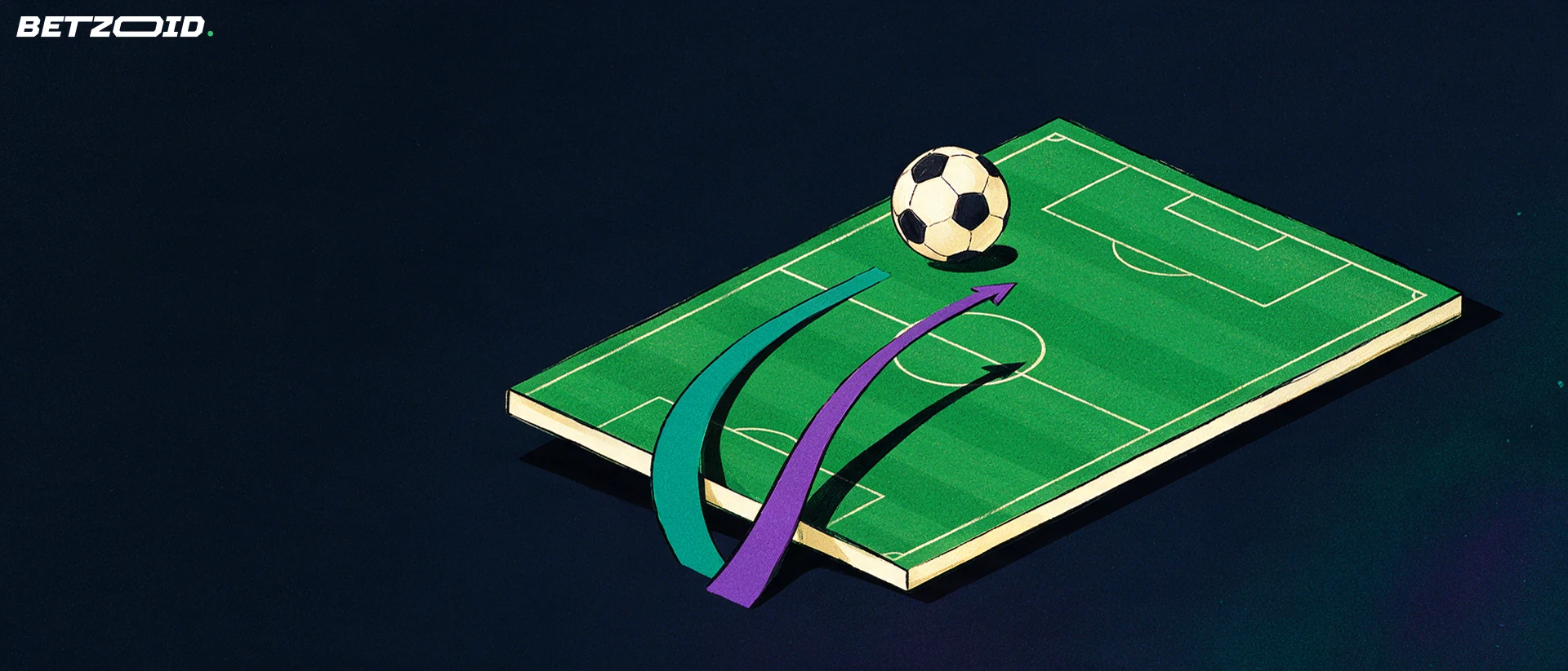 O minge de fotbal și o schemă de teren cu două trasee posibile de atac.