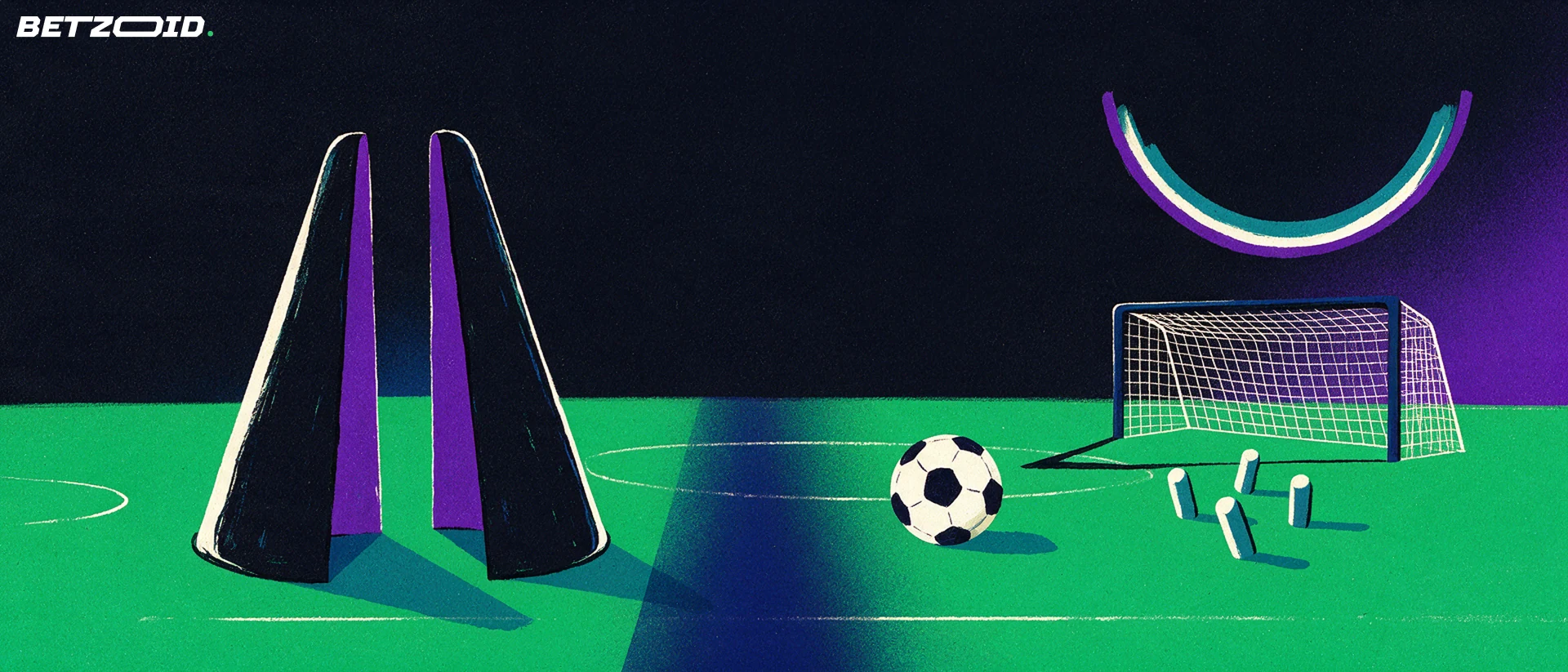 Illustration af en fodboldbane, en bold og taktisk analyse.