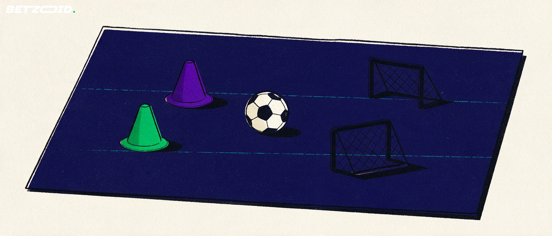 Illustration af en fodboldbane, en bold og taktisk analyse.