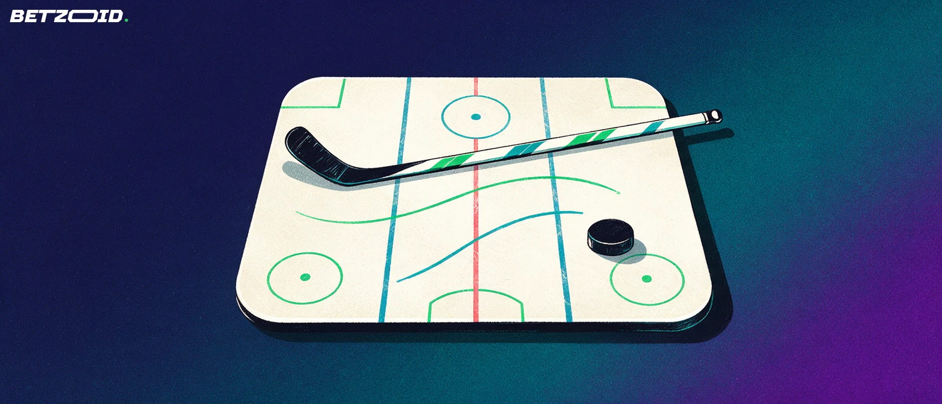 En hockeyklubba och puck bredvid två möjliga passningsvägar på en rink.
