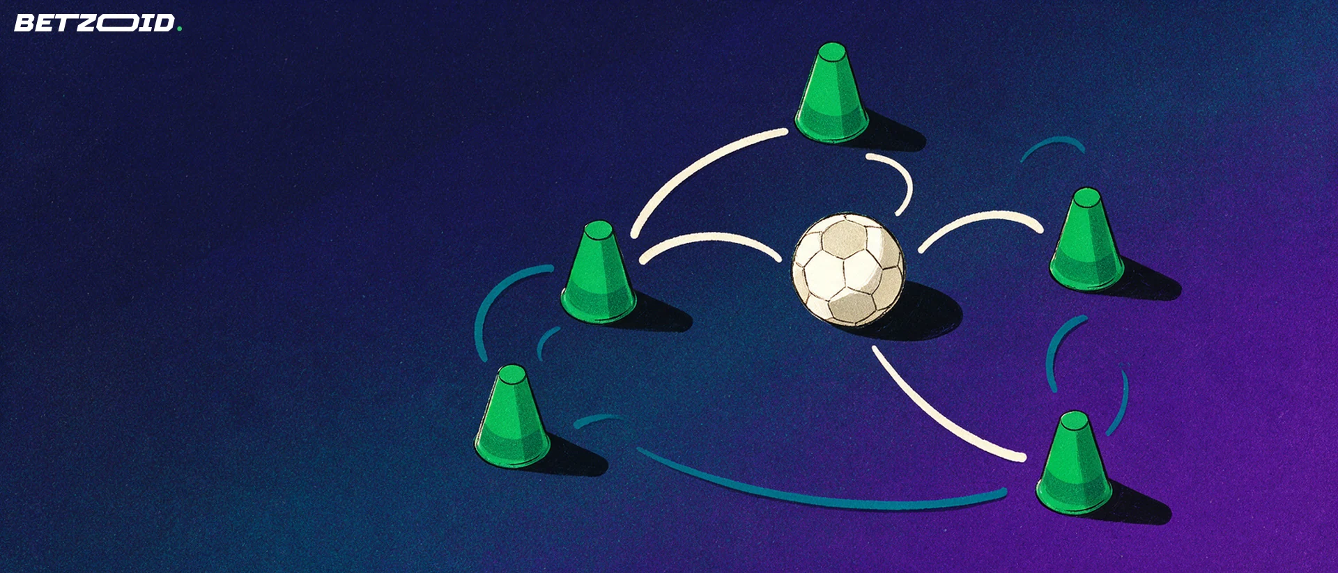 Conos de entrenamiento y balón con líneas de pase.