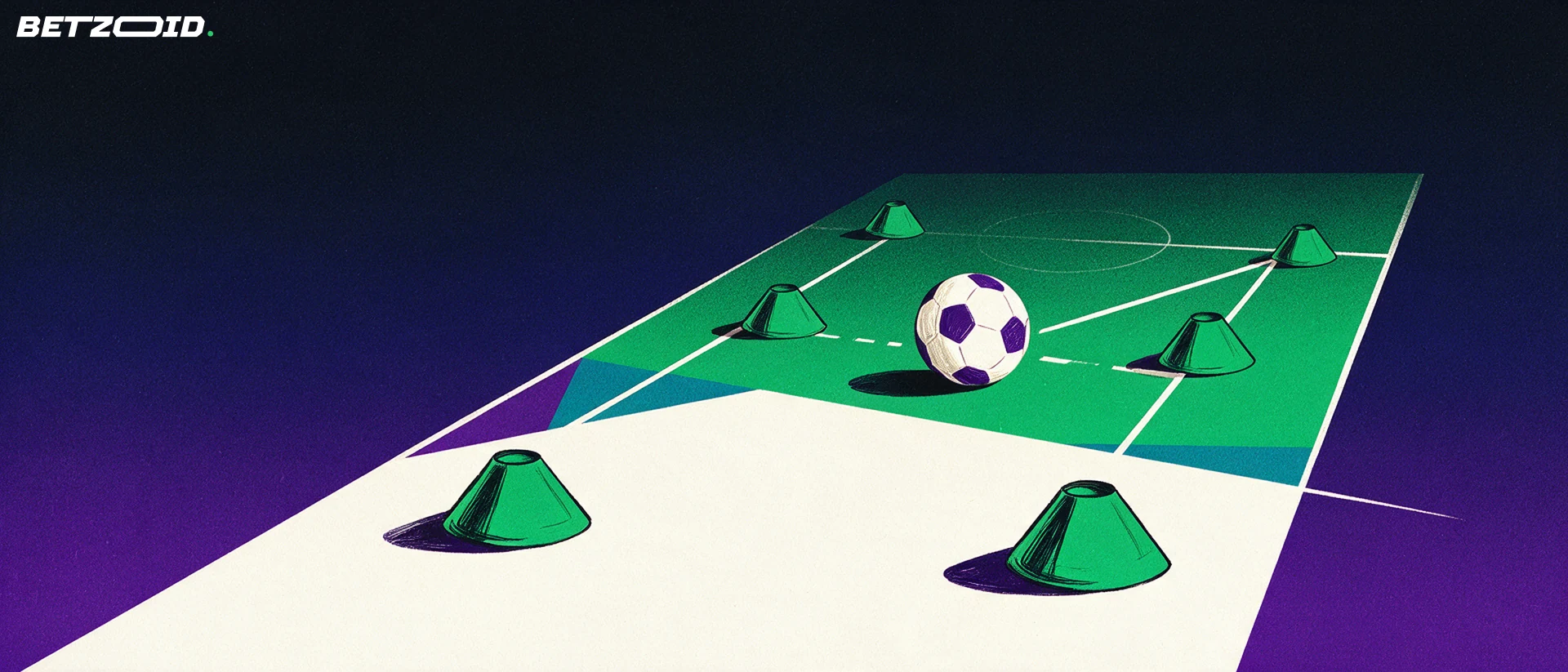 Treningskjegler og en ball med pasningslinjer.