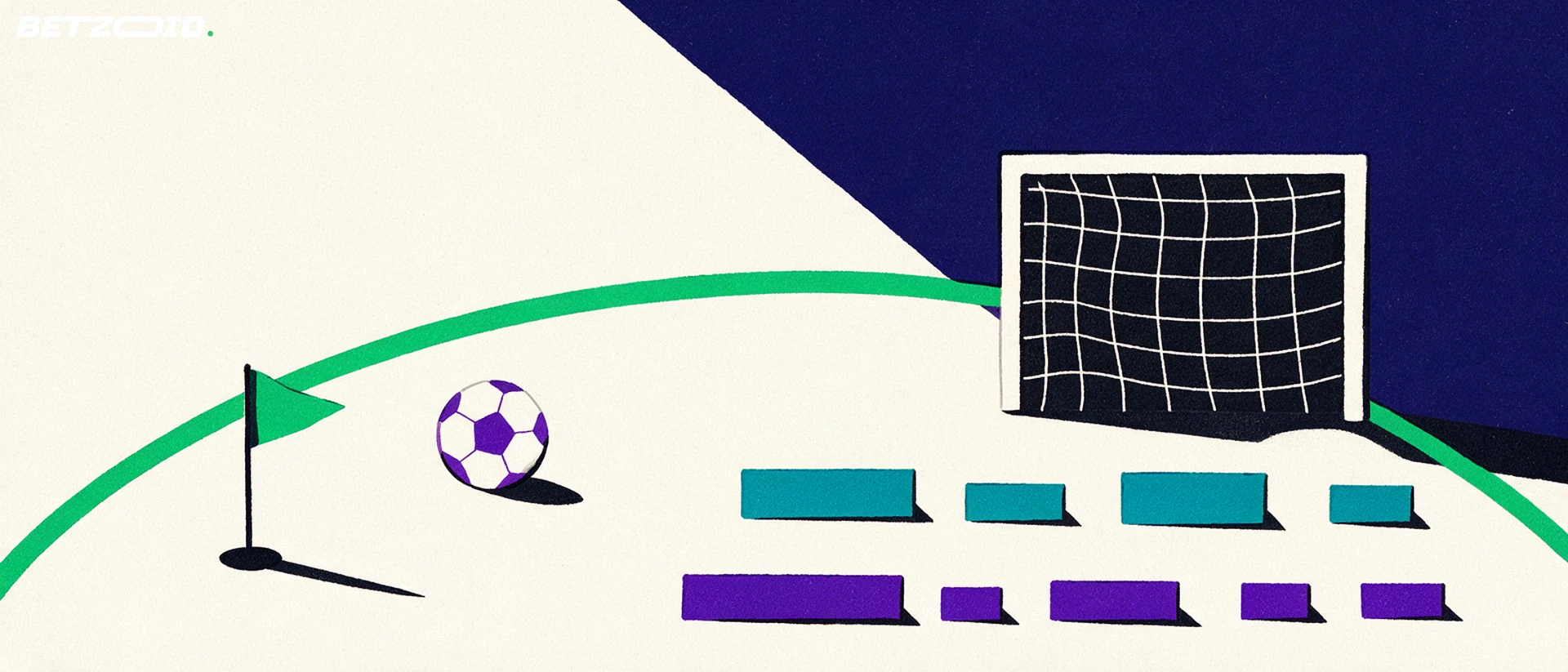 Illustrasjon av en fotballbane, en ball og taktisk analyse.
